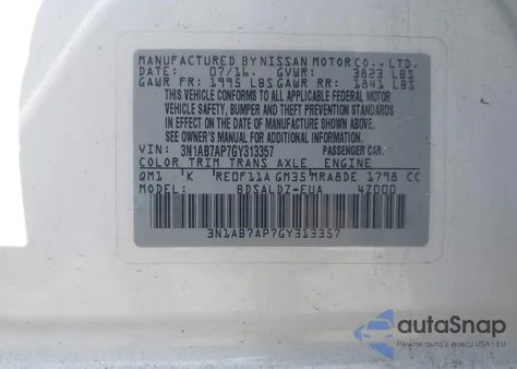 2016 Nissan Sentra Sv from USA, damaged, VIN 3N1AB7AP7GY313357